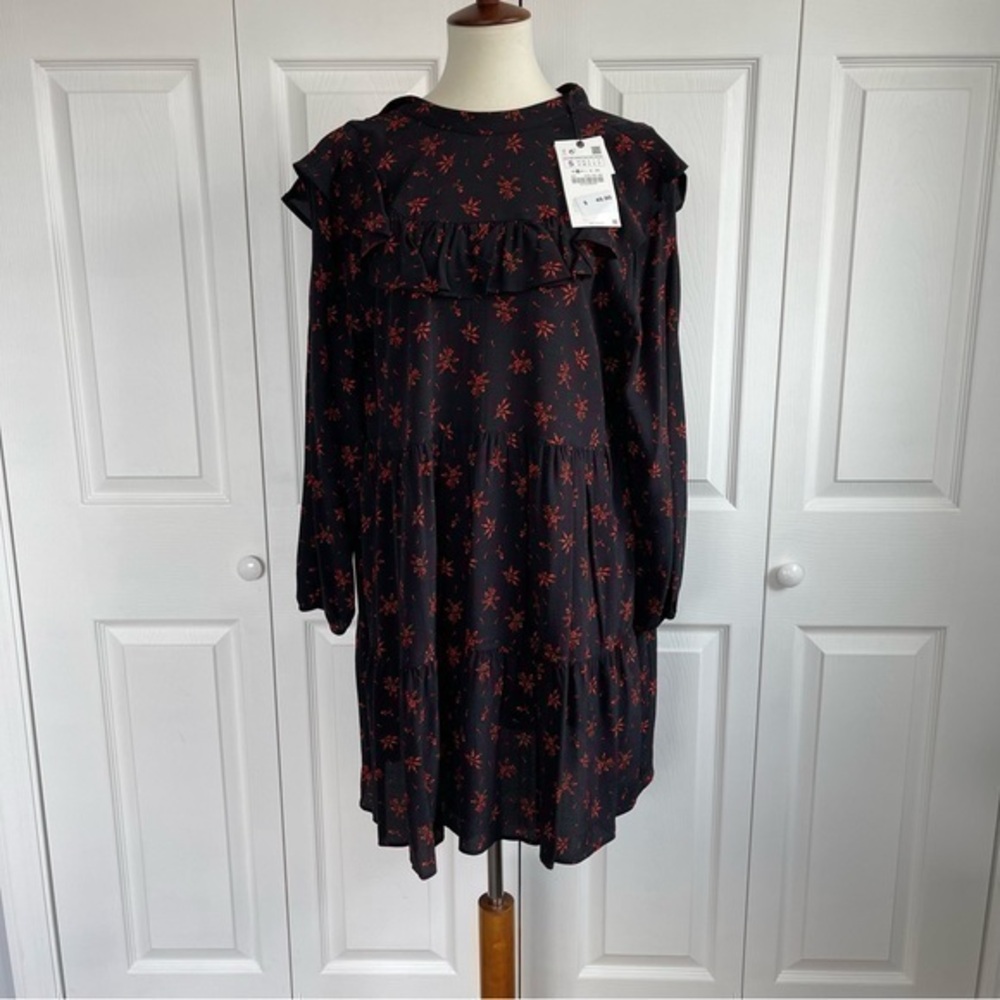NWT ZARA bohemian floral minimal print black and red ruffle holiday dress size S